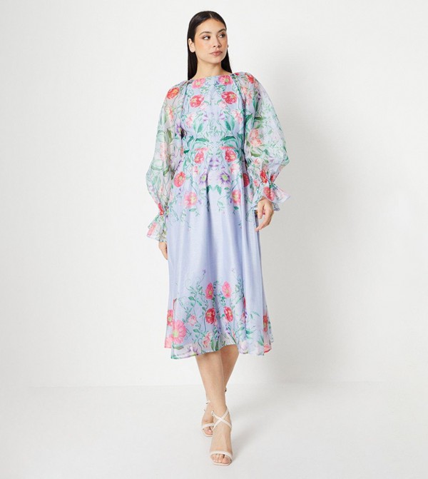 Placement Print Cloudy Organza Midi Dress