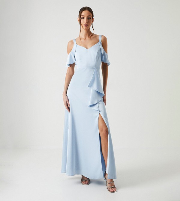 Cold Shoulder Satin Ruffle Bridesmaids Dress