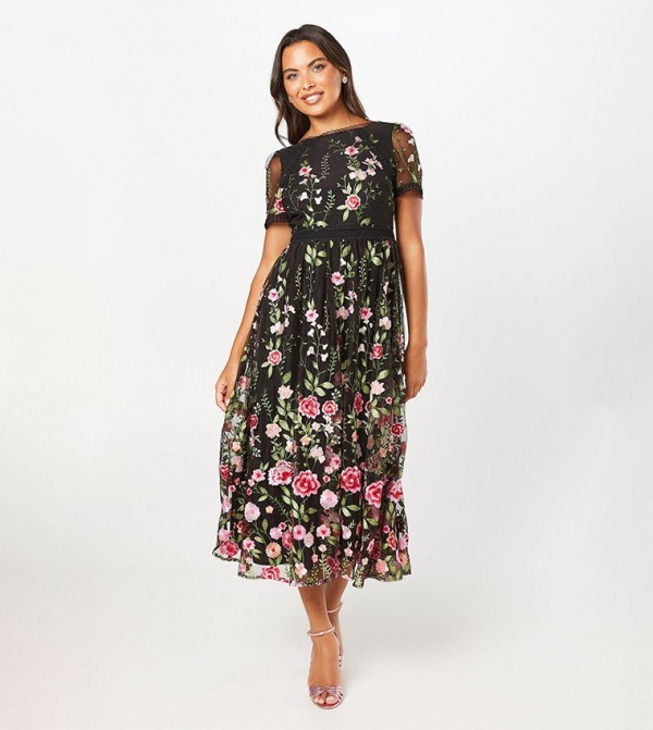 Lace Trim Detail Embroidered Mesh Midi Dress