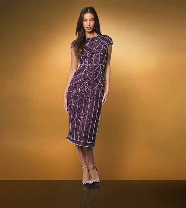 Cap Sleeves Pearl Embellished Pencil Dress