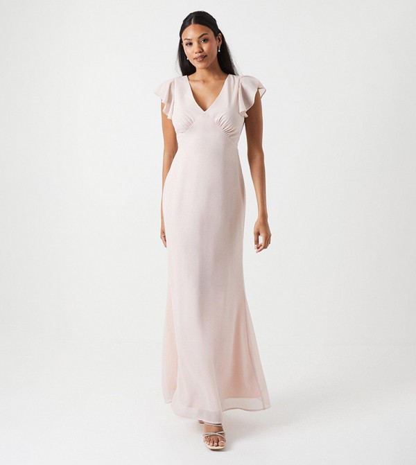 Shimmer Chiffon Angel Sleeves Bridesmaids Maxi Dress