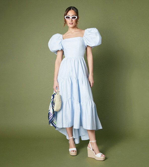 Puff Sleeves Tiered High Low Maxi Dress