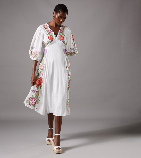 Floral Print Embroidered Puff Sleeves Midi Dress