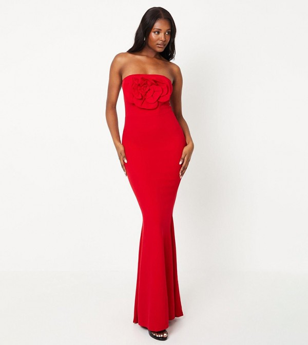Rose Corsage Strapless Maxi Dress