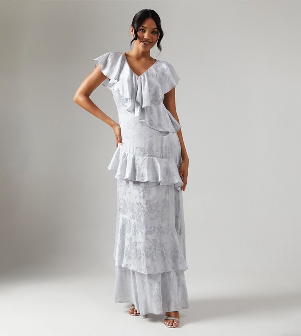 Satin Jacquard Ruffle Detail Bridesmaids Maxi Dress