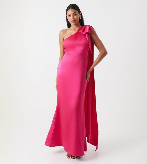 Bow and Drape Detail One Shoulder Satin Bridesmaids Dress