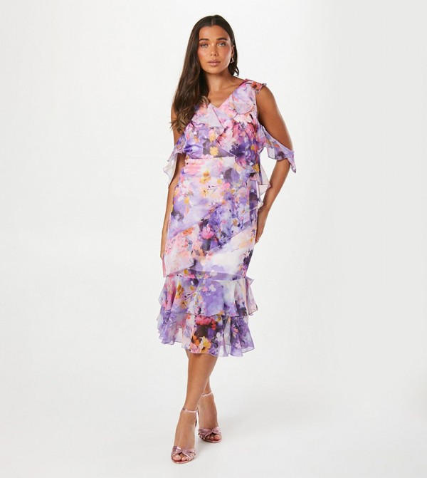 Petite Printed Ruffle Front Chiffon Midi Dress