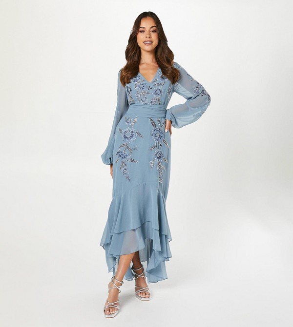 Sequined High Low Long Sleeves Maxi Dress