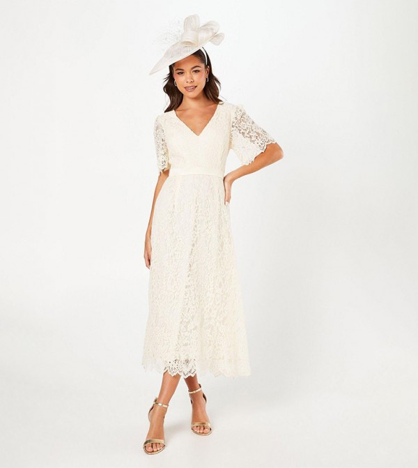 Lace Short Sleeves Midi Dress
