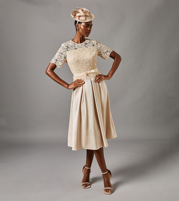 Lace And Crepe Short Sleeves Midi Dress
