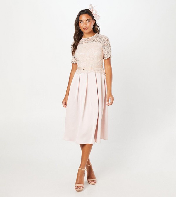 Lace And Crepe Full Skirted Midi Dress