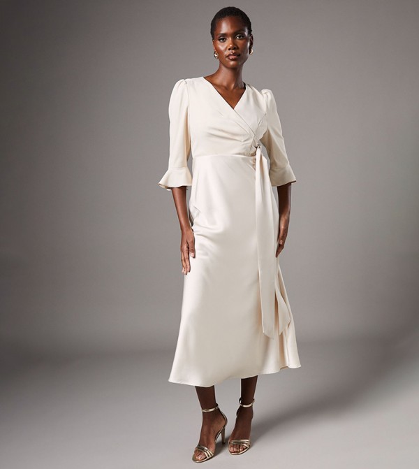 Ruffle Sleeves Satin Back Crepe Wrap Dress