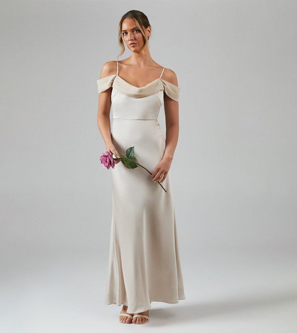 Cowl Neck Cold Shoulder Satin Bridesmaid Maxi Dress