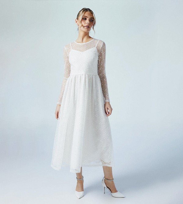 Embellished Mesh Long Sleeves Full Skirted Midi Wedding Dress