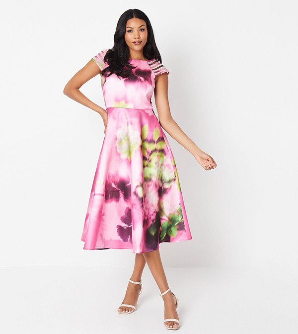 Floral Print Short Sleeves Midi Dress
