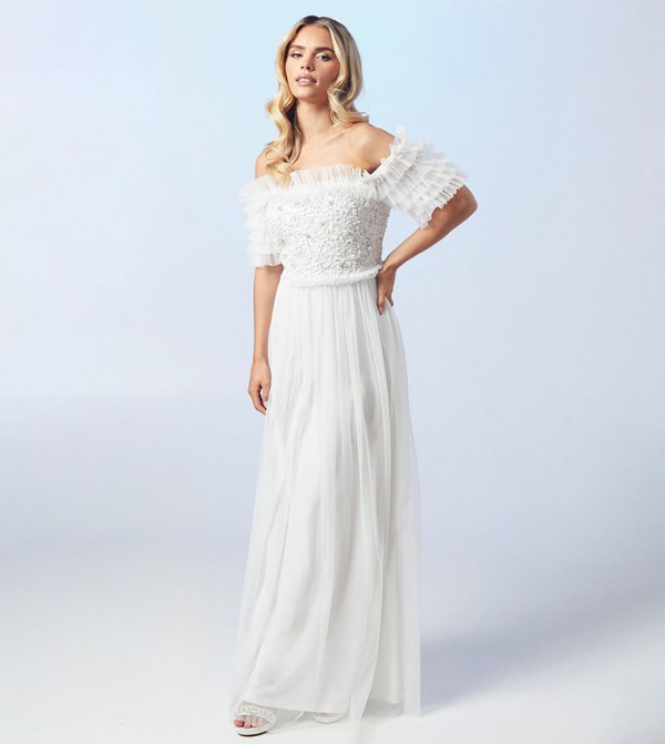 Petite Sequined Off Shoulder Mesh Ruffle MAXI Wedding Dress