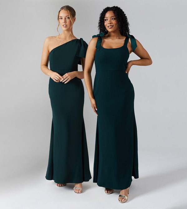 Tie Shoulder Contrast Satin And Crepe Bridesmaid Maxi Dress