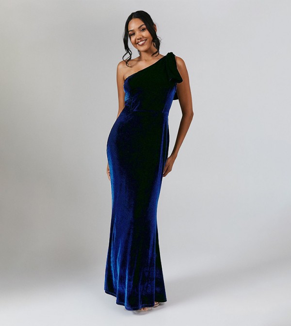 Bow Detail One Shoulder Velvet Bridesmaid Maxi Dress