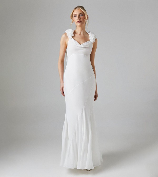 Trailing Petal Shoulder Detail Chiffon Maxi Wedding Dress