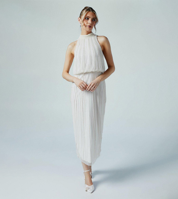 Buy Coast Pearl Detail High Neck Embellished Bridal Midi Dress In White ...