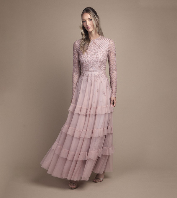 Embellished Artwork Long Sleeves Tiered Bridesmaid Maxi Dress