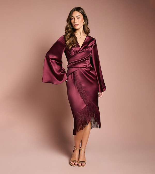 Satin Fringe Hem Wrap Waist Midi Dress