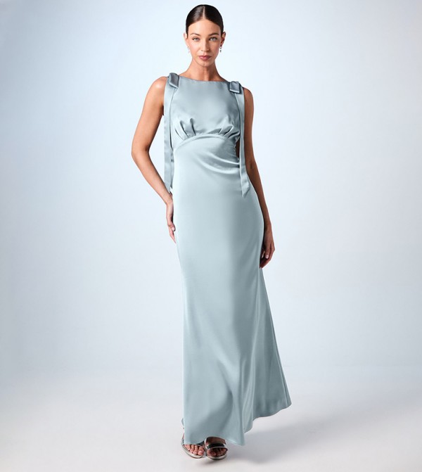Honored High Neck Tie Shoulder Satin Maxi Bridesmaid Dress