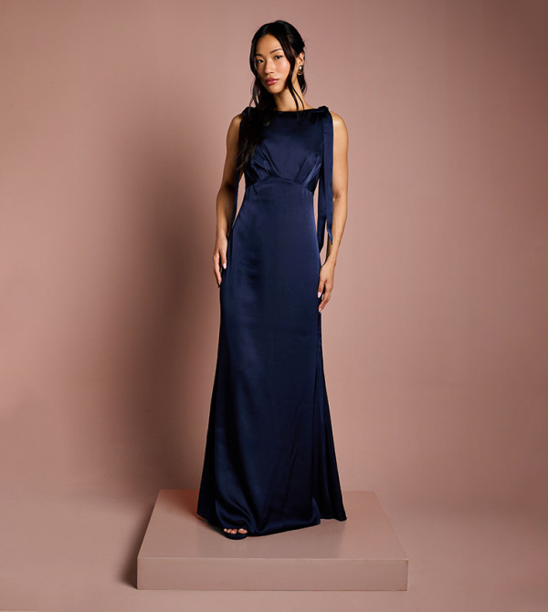 Sleeveless High Neck Tie Shoulder Maxi Bridesmaid Dress