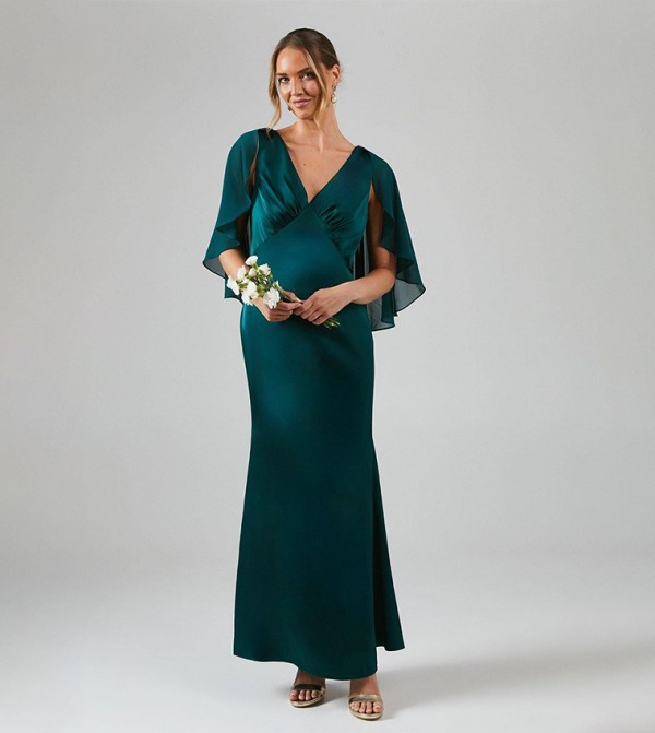 Chiffon Cape Detail Tie Back Satin Bridesmaid Maxi Dress