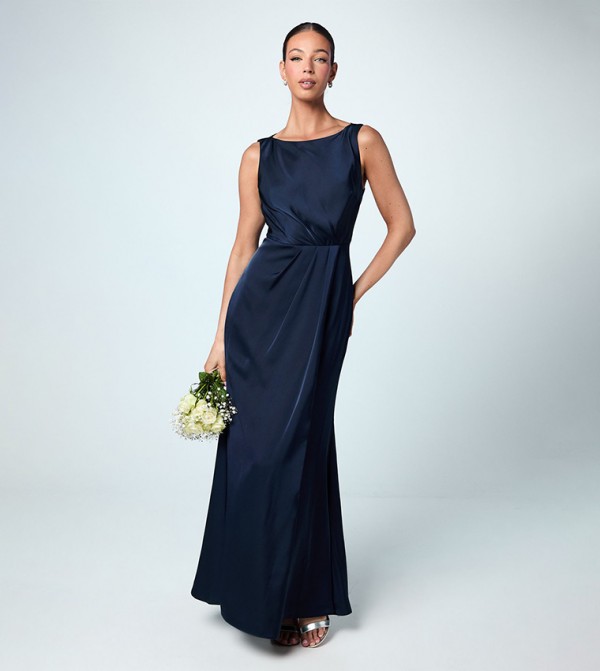 Asymmetric Back Detail Satin Bridesmaid Maxi Dress