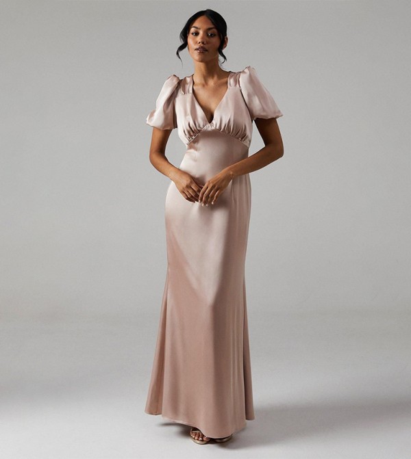 Solid Puff Sleeves Satin Bridesmaid Maxi Dress