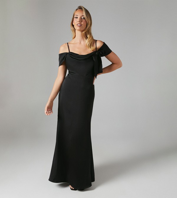 Draped Off Shoulder Tie Detail Satin Bridesmaid Maxi Dress