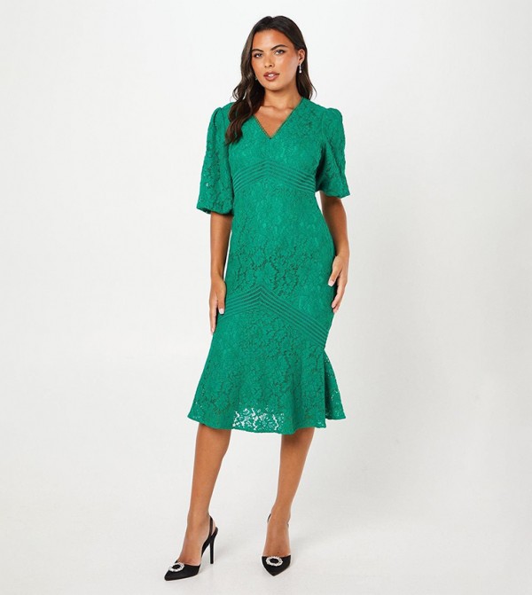 Lace Short Sleeves Midi Dress