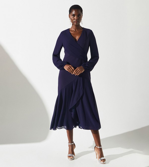 Chiffon and Crepe Mix Wrap Skirt Midi Dress