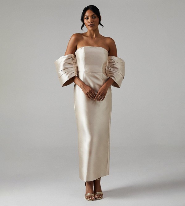 Detachable Shrug Twill Bridesmaid Maxi Dress