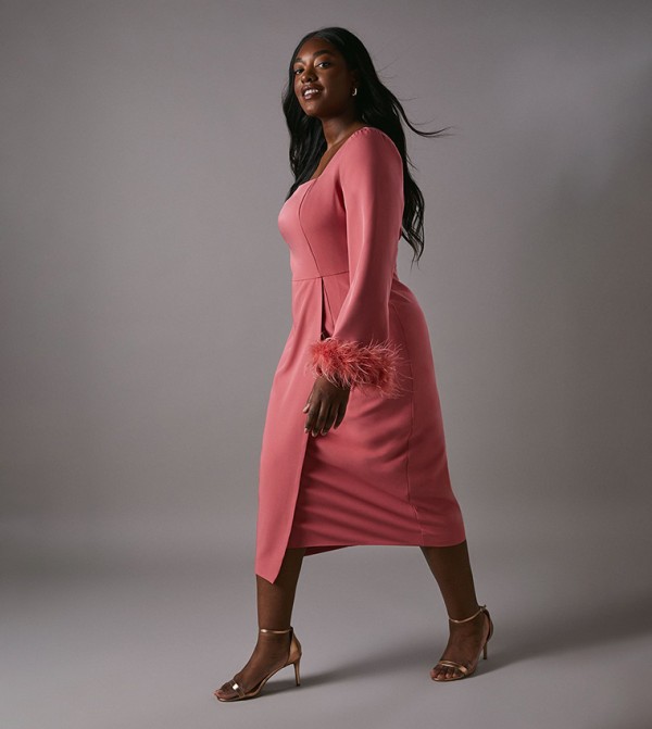Curve Feather Cuff Long Sleeves Midi Dress