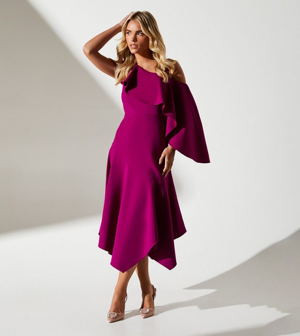 Petite One Shoulder Ruffle Crepe Midi Wedding Dress