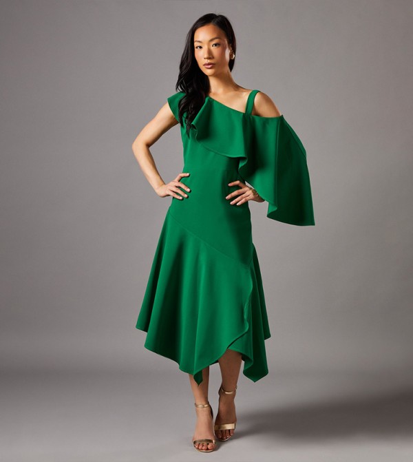 Petite One Shoulder Ruffle Crepe Midi Wedding Guest Dress