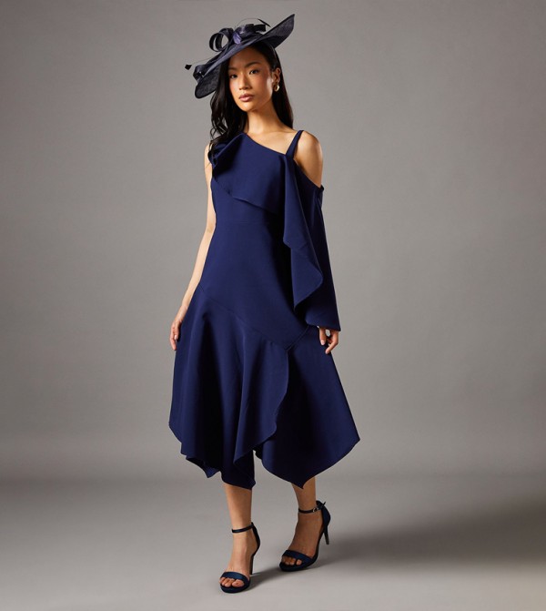 Petite One Shoulder Ruffle Crepe Midi Wedding Guest Dress