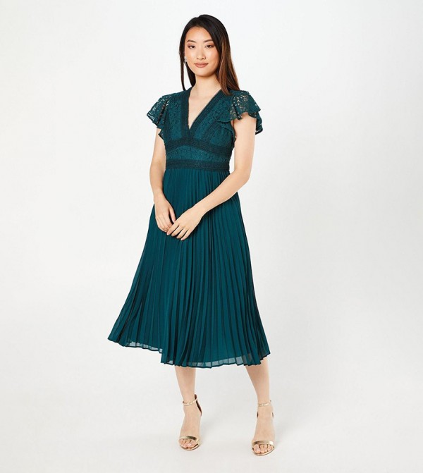 Petite Lace Top Pleated Skirt Fit & Flared Midi Dress
