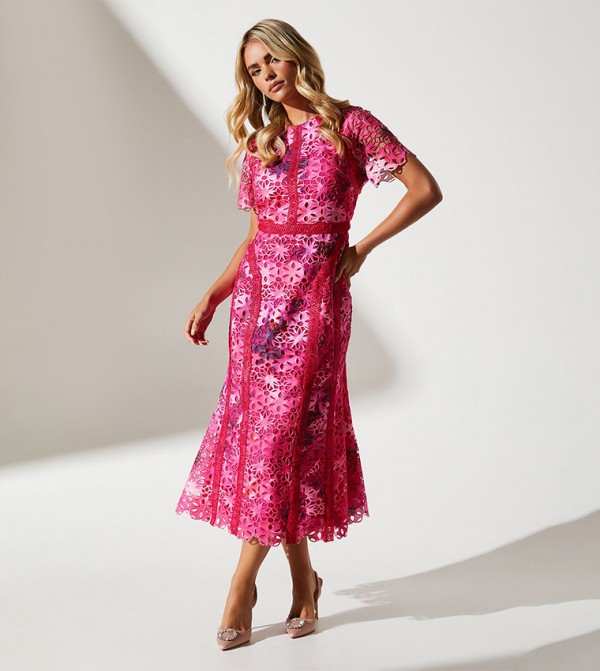 Petite Printed Lace Pencil Midi Dress