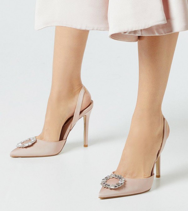Serentiy Satin Brooch Detail High Heel Slingback Court Shoes
