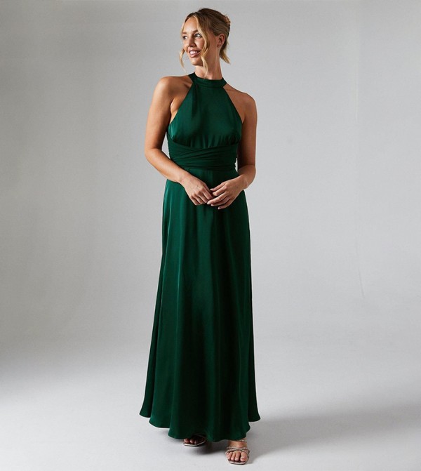 Wrap Waist Detail Satin Halterneck Bridesmaid Maxi Dress