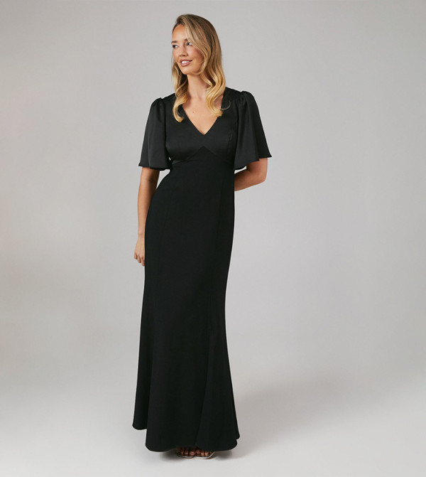 Contrast Satin Short Sleeves Open Back Bridesmaid Maxi Dress