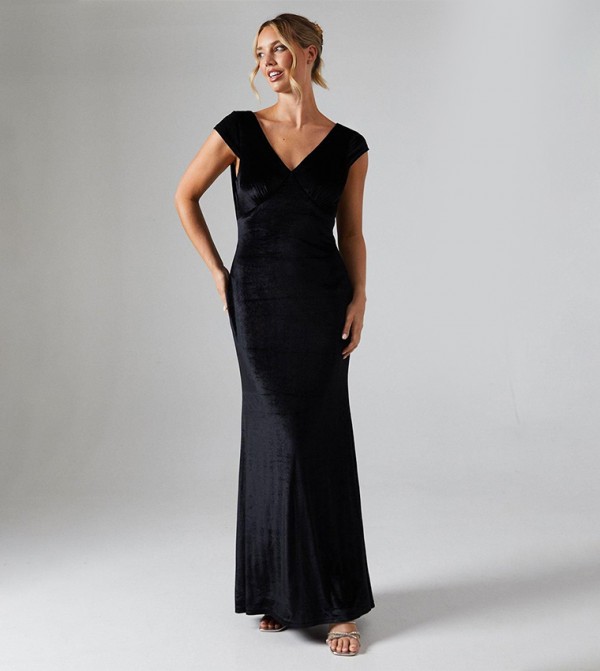 Velvet Cap Sleeves Cowl Back Bridesmaid Maxi Dress