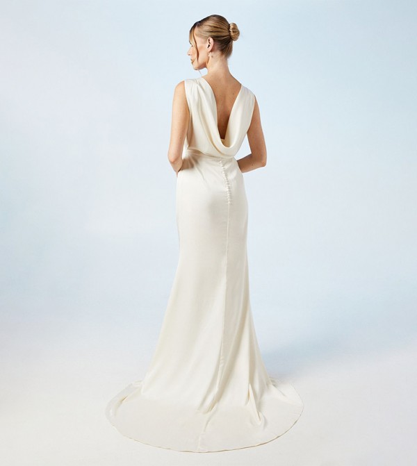 Solid Cowl Back Fishtail Maxi Wedding Dress