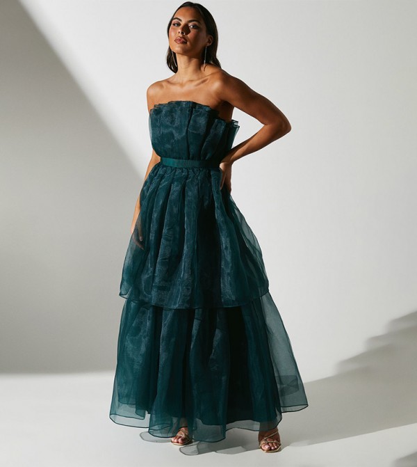 Strapless Organza Fan Bodice Maxi Party Dress