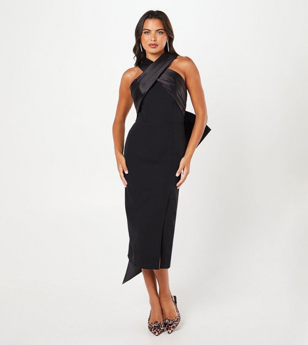 Cross Over Front Bow Back Midi Dress