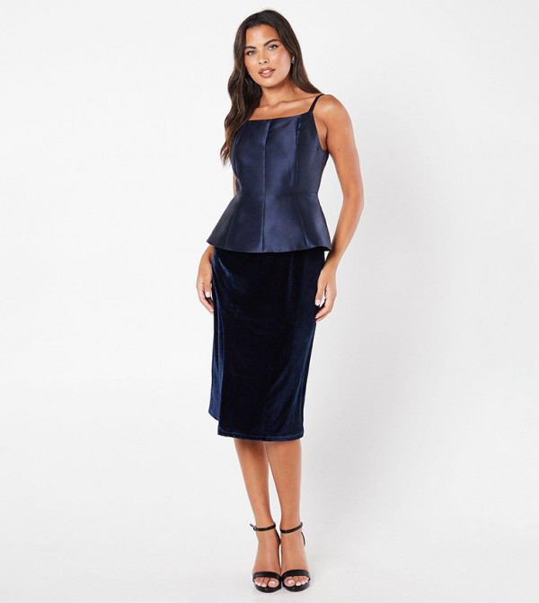 Twill Bodice Velvet Skirt Pencil Midi Dress