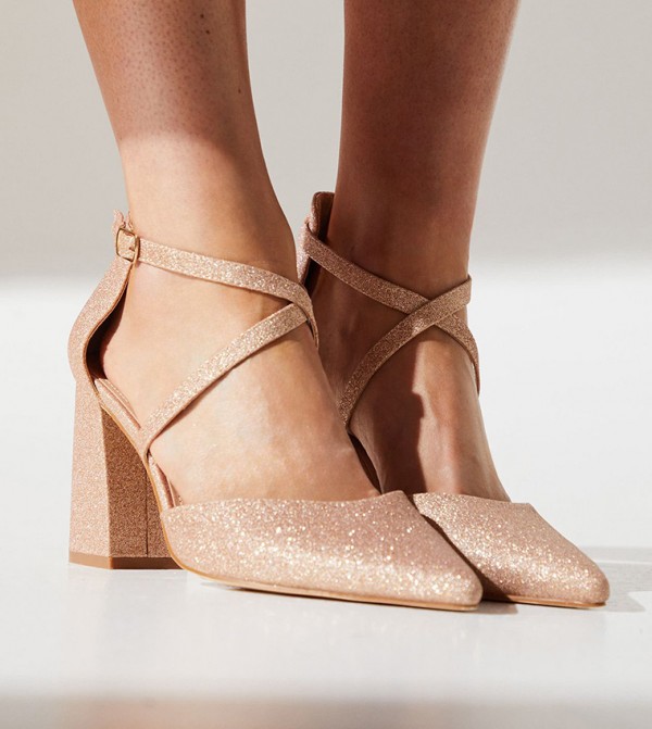 Wide Fit Treat Glitter Cross Strap Pointed Block Heel Pumps